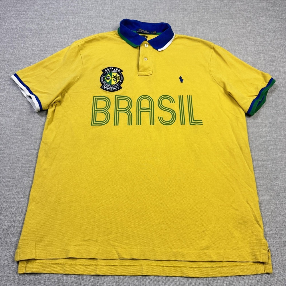 Polo Ralph Lauren Brasil Polo Shirt Mens Large Yellow 100% Cotton Graphic Logo - Picture 4 of 13